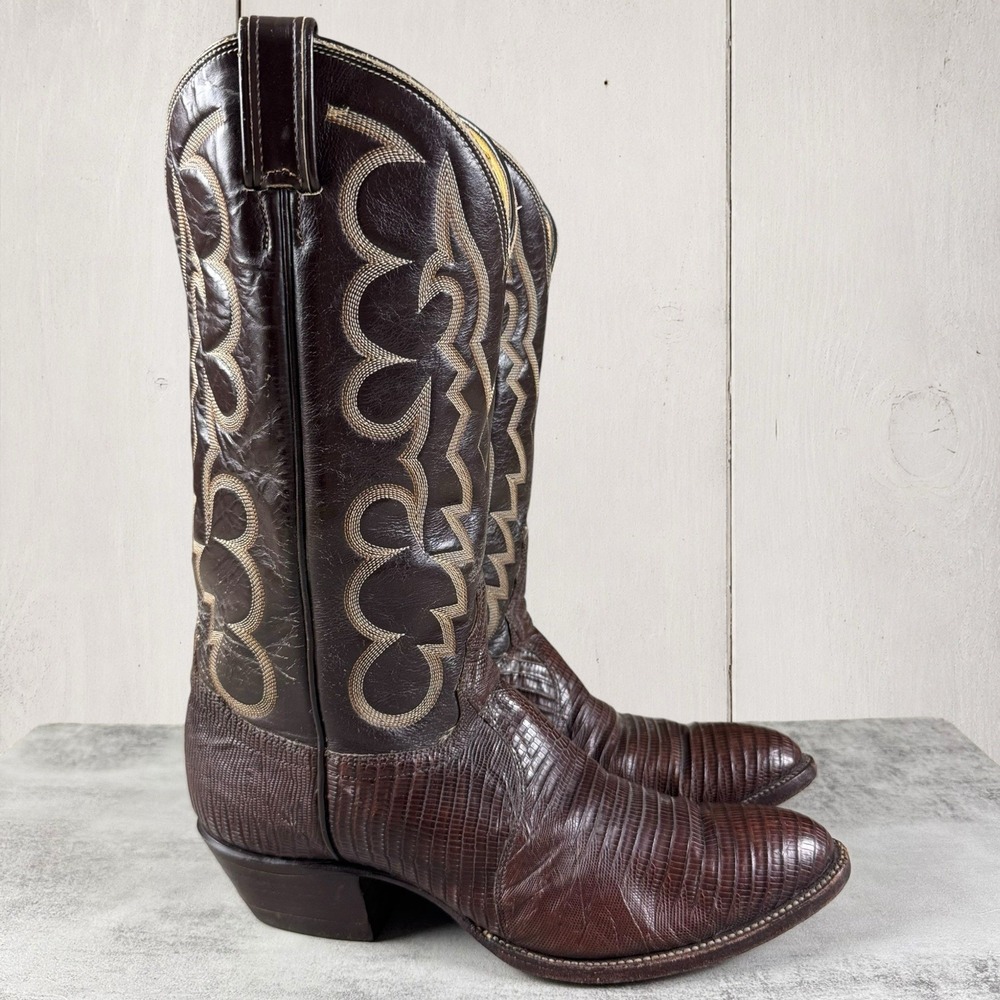 Vintage‎ Tony Lama Black Label Teju Lizard Cowboy Boots Men's 9.5 B USA Leather